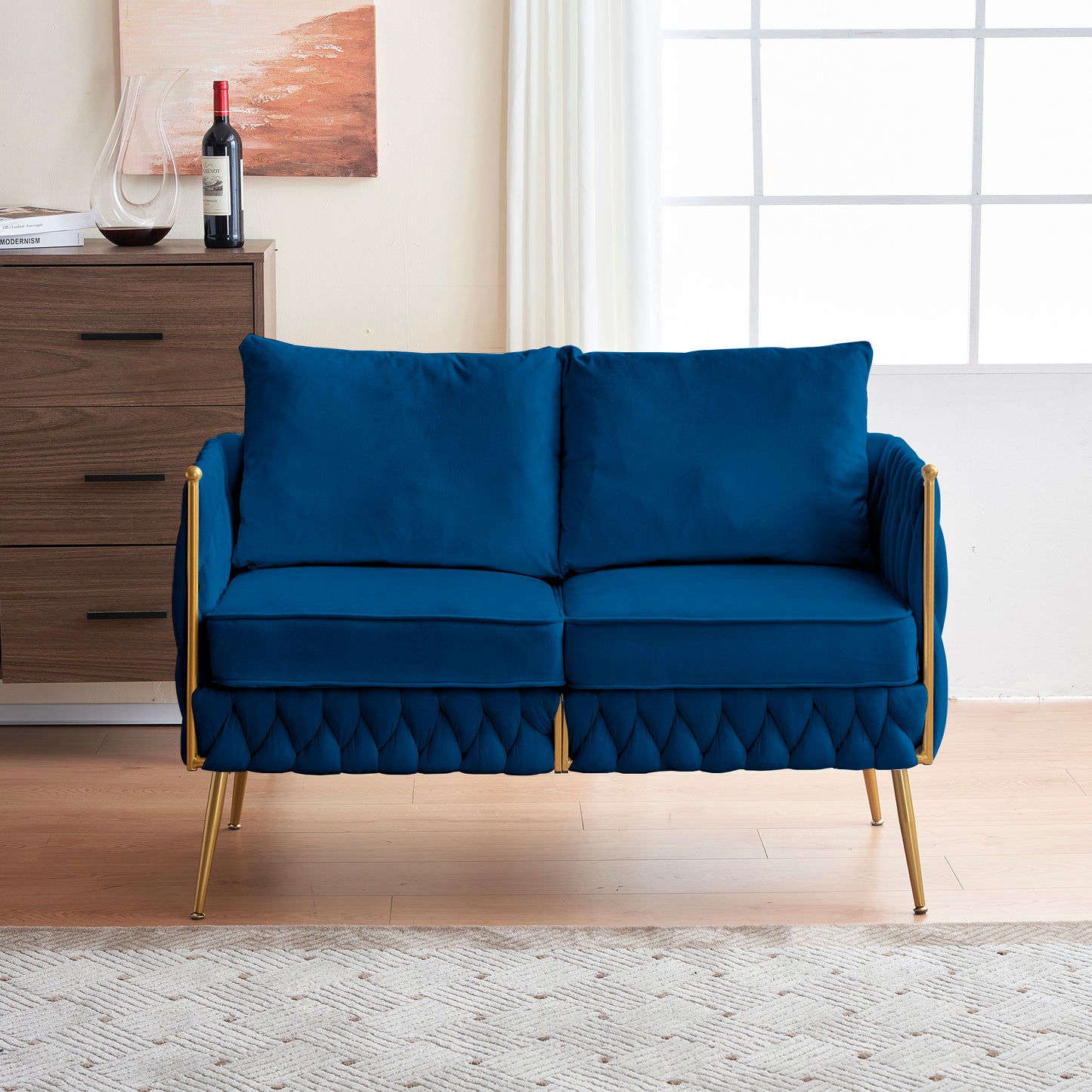 Mid Century Modern Velvet Loveseat Sofa Small Love Seats Handmade Woven & Golden Legs Comfy Couch for Living Room, Upholstered 2 Seater Sofa for Small Apartment , Blue Velvet