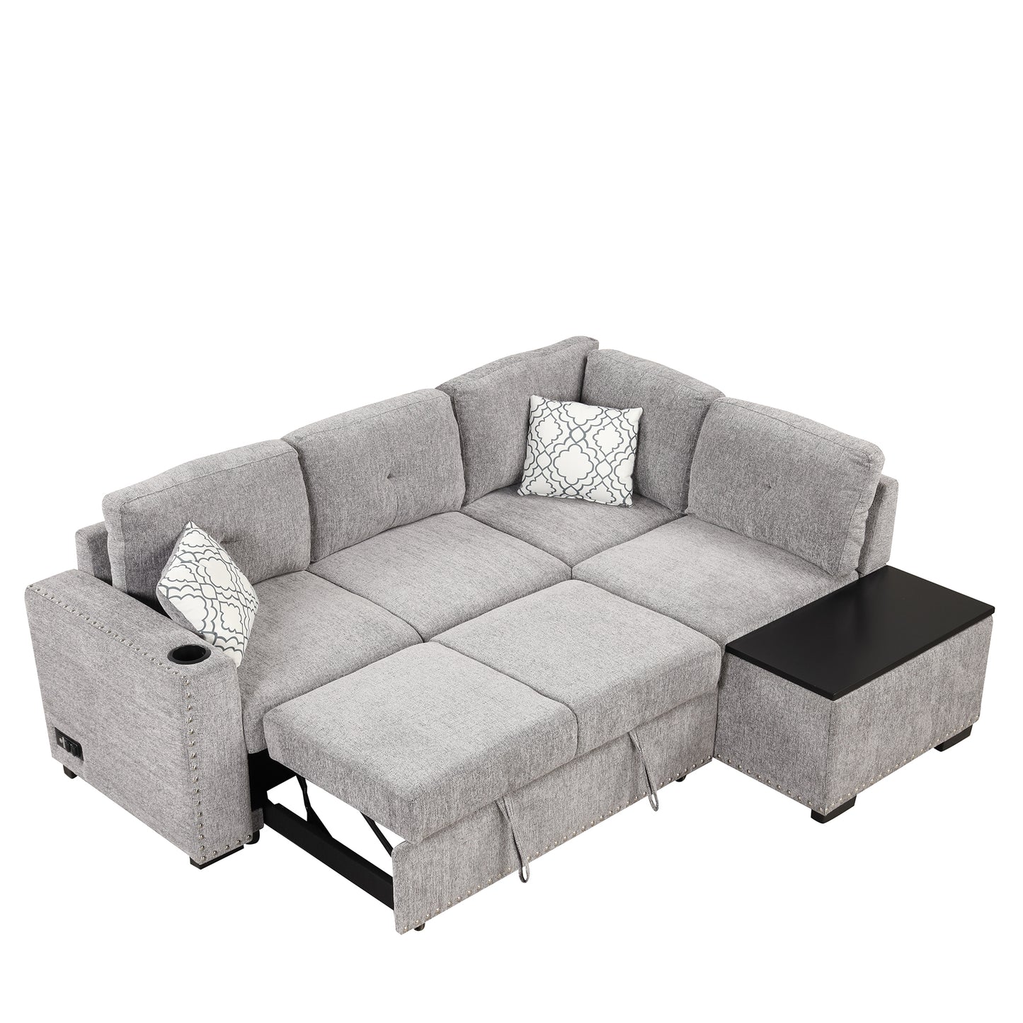 Convertible L-Shaped Sectional Sleeper Sofa with Storage Chaise and Charging Ports in Light Gray