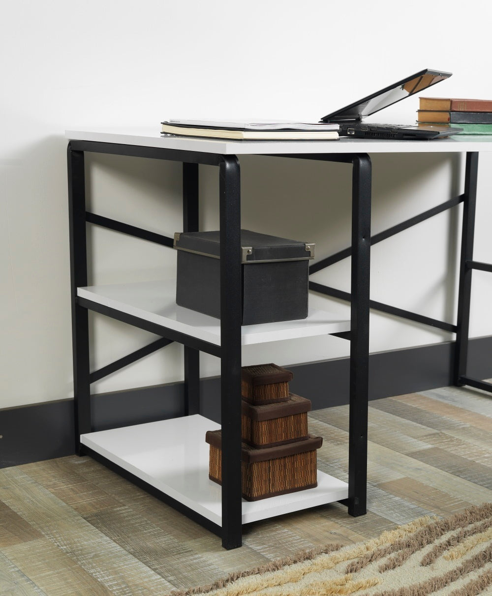 White Writing and Computer Desk with Black Metal Frame and 2 Shelves for Home Office