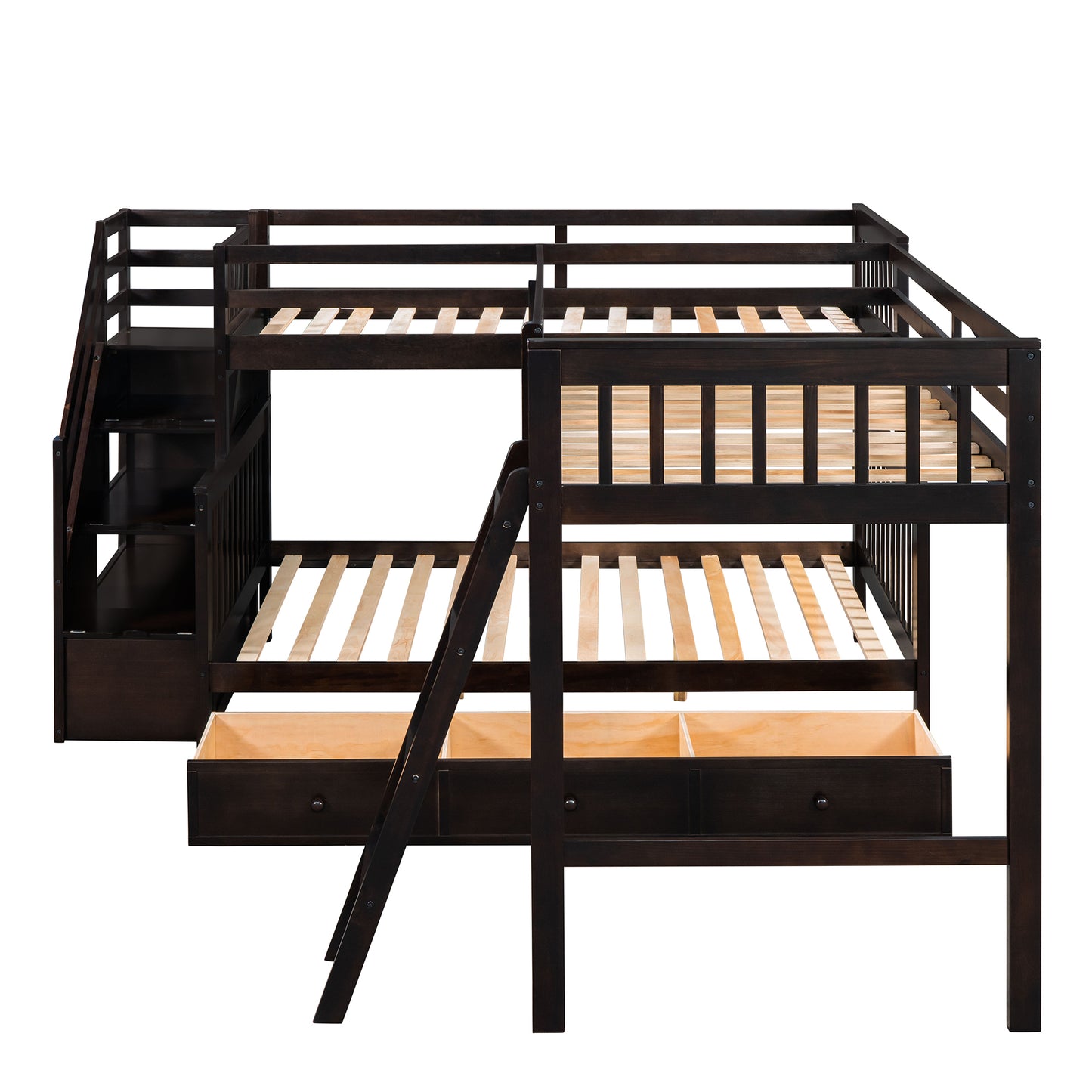 Espresso Twin over Full Bunk Bed with 3 Storage Drawers, Ladder, and Staircase