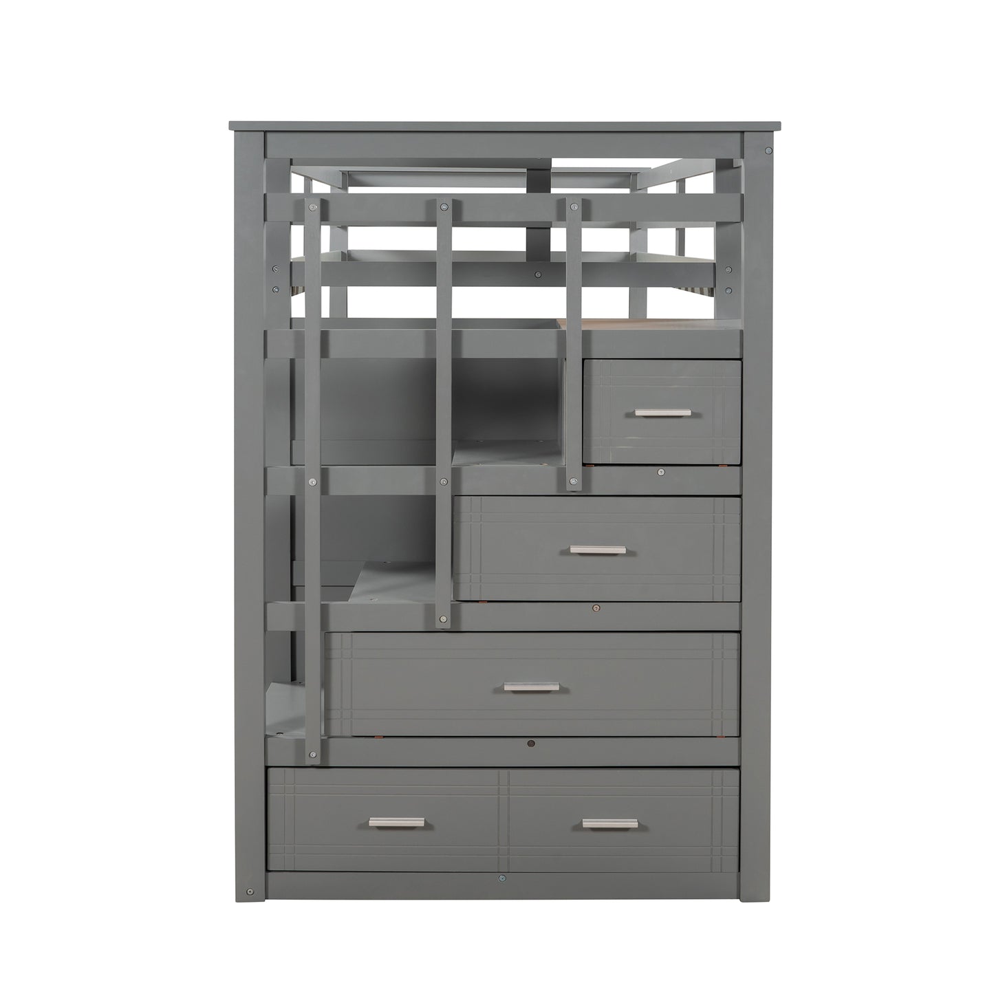 Twin Bunk Bed with Staircase, Trundle, and Storage Drawers in Natural Gray Finish