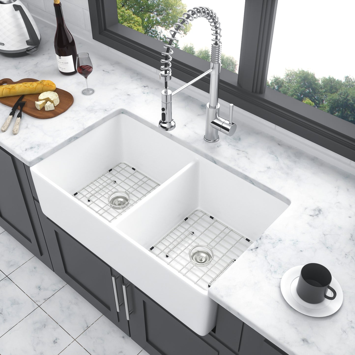 32-Inch Double Bowl White Ceramic Farmhouse Sink