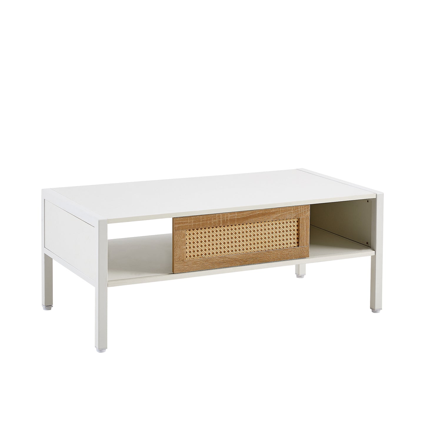 Modern White Rattan Coffee Table with Sliding Door Storage