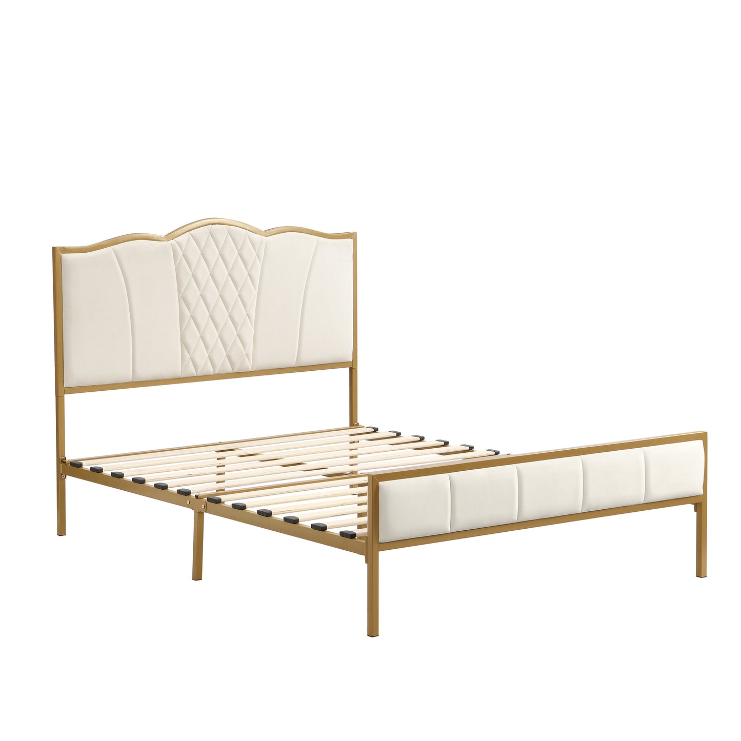 Full Size Bed Frame, Modern Upholstered Bed Frame with Tufted Headboard, Golden Metal Platform Bed Frame with Wood Slat Support, Noise Free, No Box Spring Needed,Beige