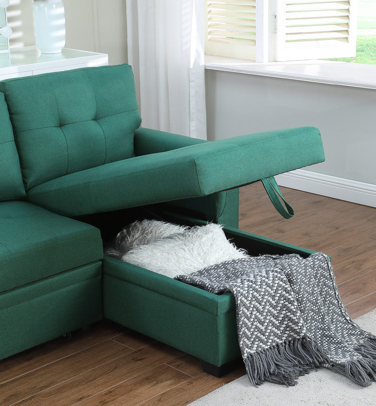 Lucca Emerald Linen Reversible Sleeper Sectional Sofa with Storage Chaise