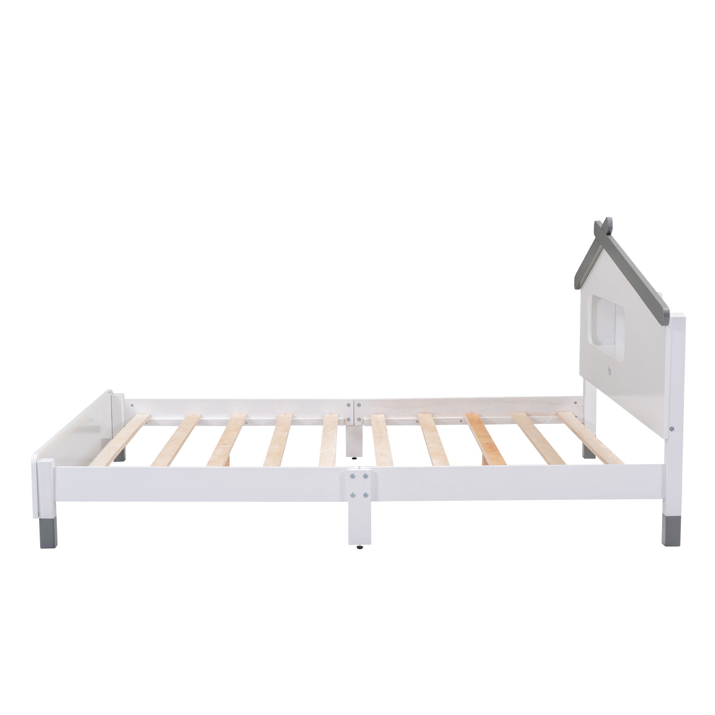 Full Size Wood Platform Bed with House-shaped Headboard and Motion Activated Night Lights (White+Gray)