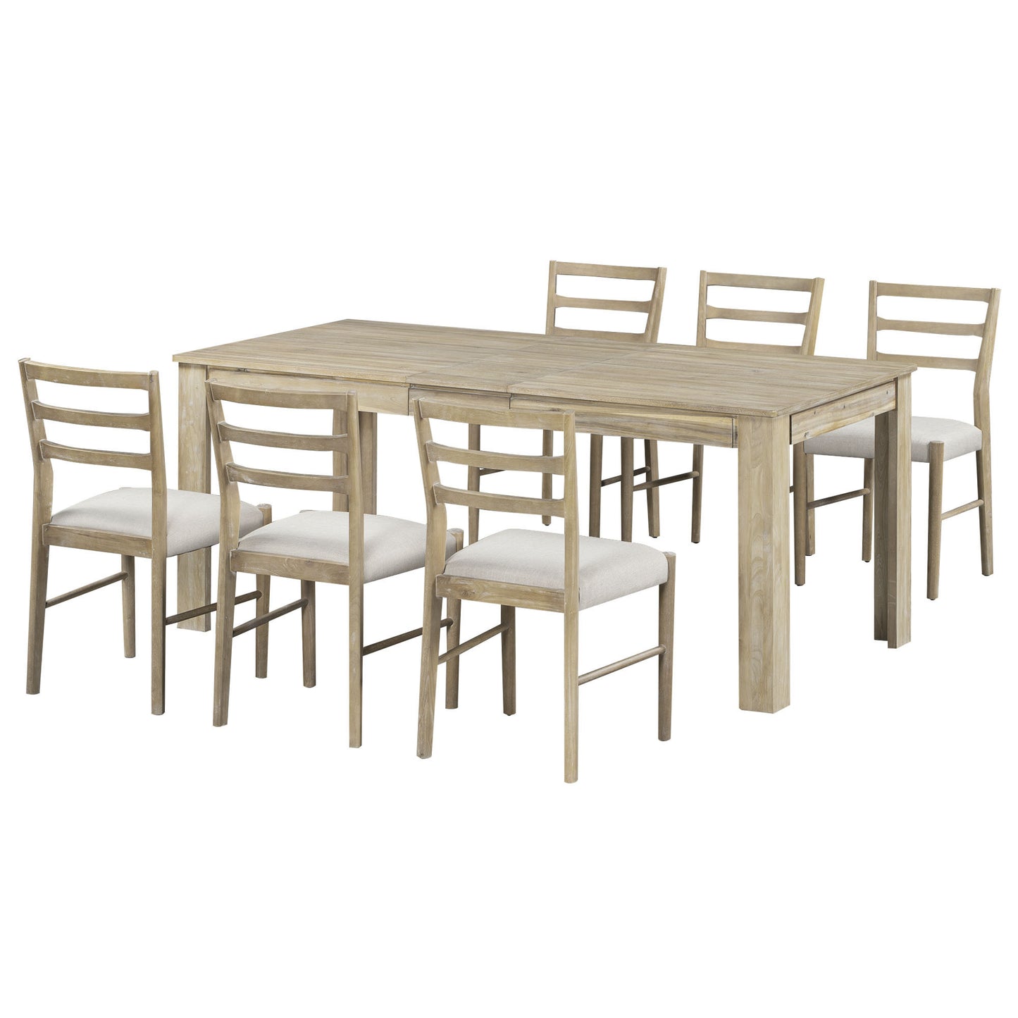 TREXM 7-Piece Wooden Dining Table Set Mutifunctional Extendable Table with 12" Leaf and 2 Drawers, 6 Dining Chairs with Soft Cushion (Natural Wood Wash)