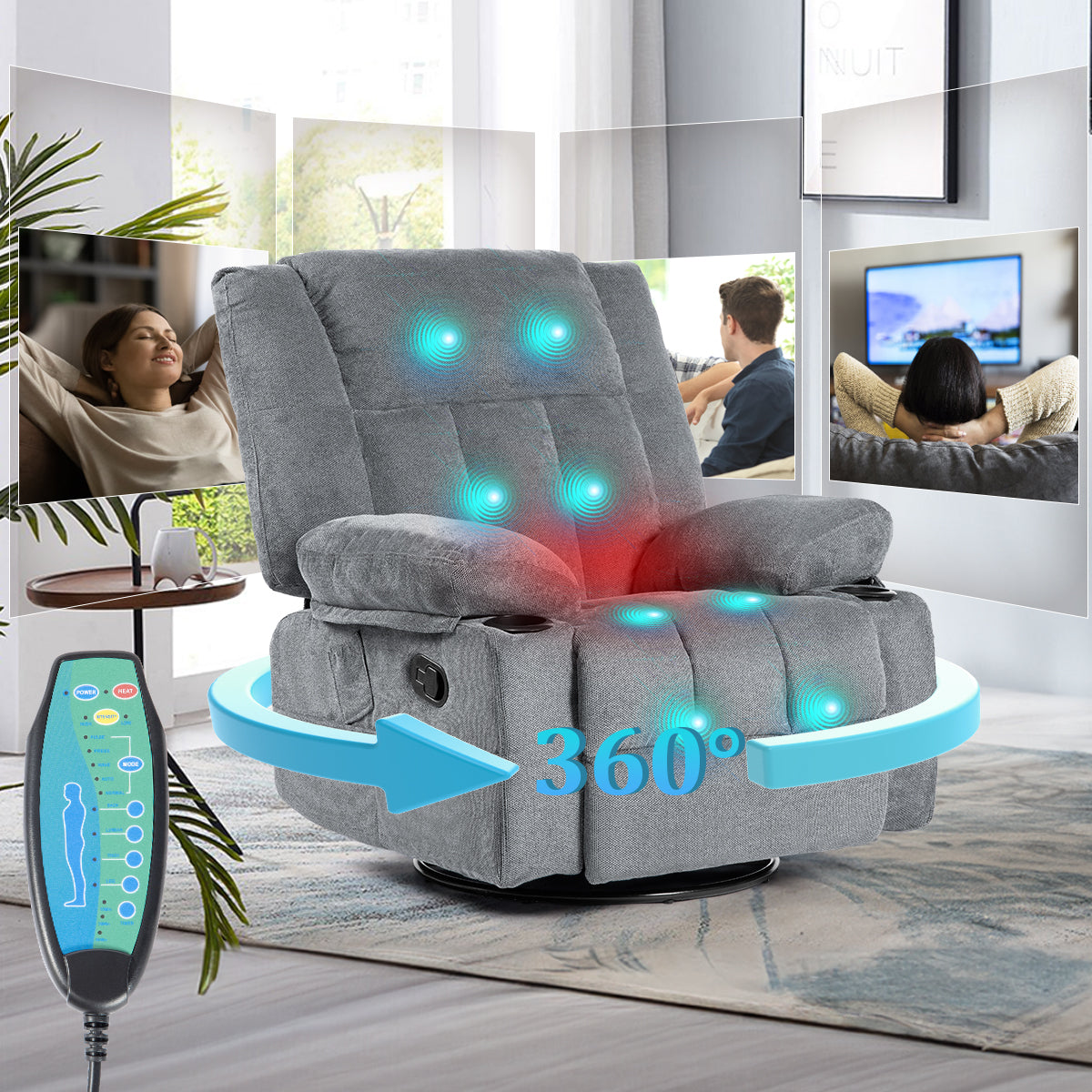 Massage Recliner Chair with Heating, Swivel, and Storage