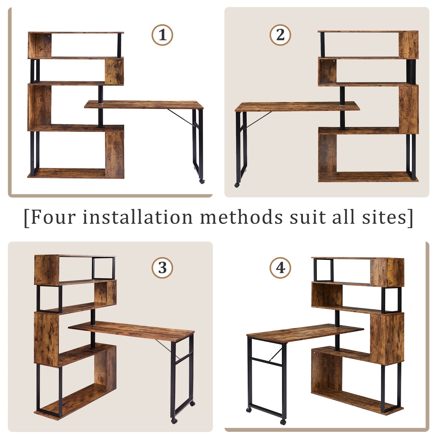 Modern L-Shaped Computer Desk with Rotating Bookshelf - Brown Tiger Wood