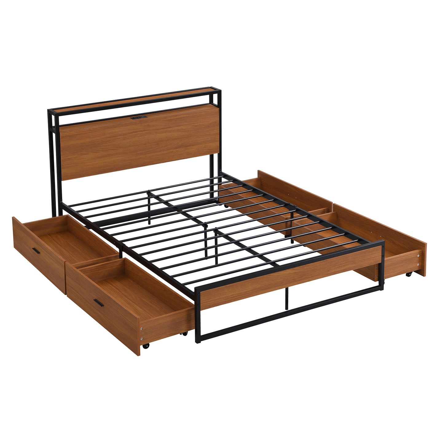 Full Size Metal Platform Bed Frame with  Four Drawers,Sockets and USB Ports ,Slat Support No Box Spring Needed Black