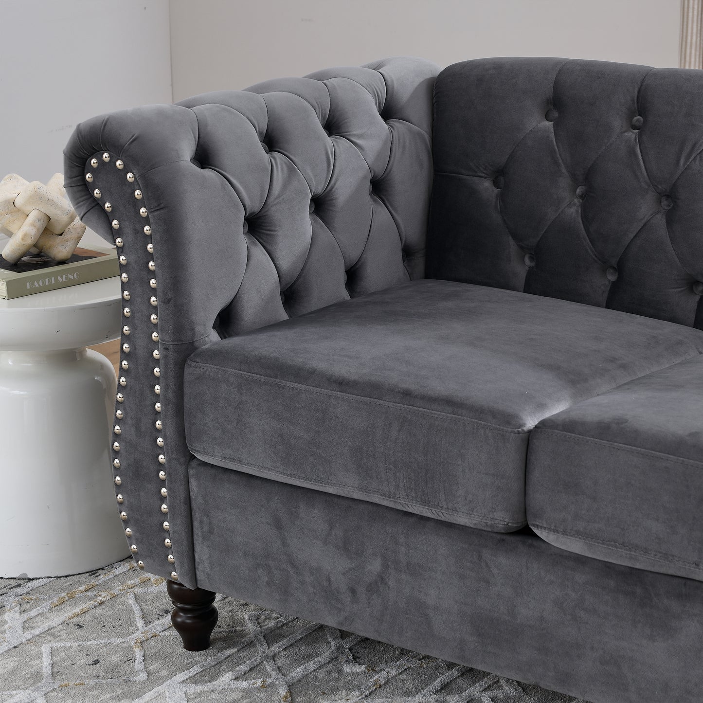 Classic Chesterfield 2-Seater Velvet Sofa in Grey with Rolled Arms and Nailhead Trim