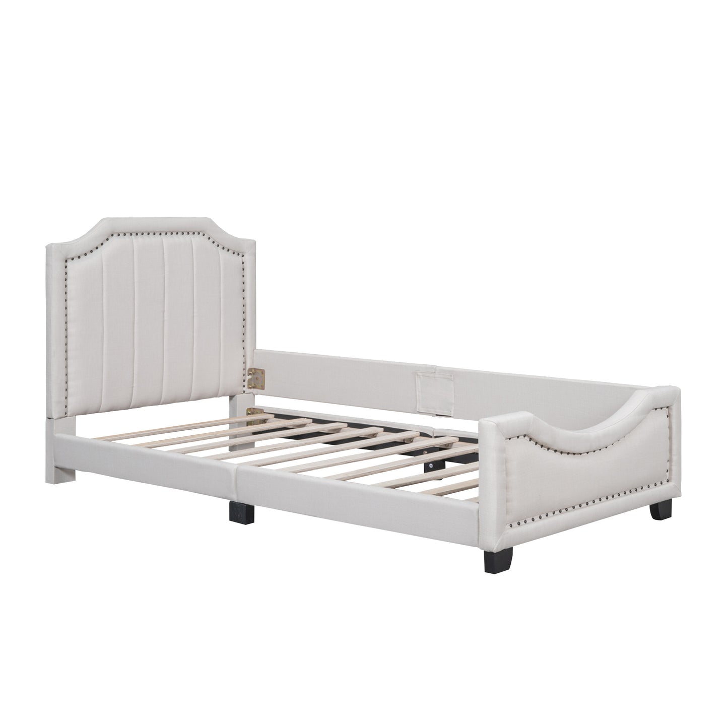 Twin Size Upholstered Platform Bed with Nailhead Trim Decoration and Guardrail, Beige