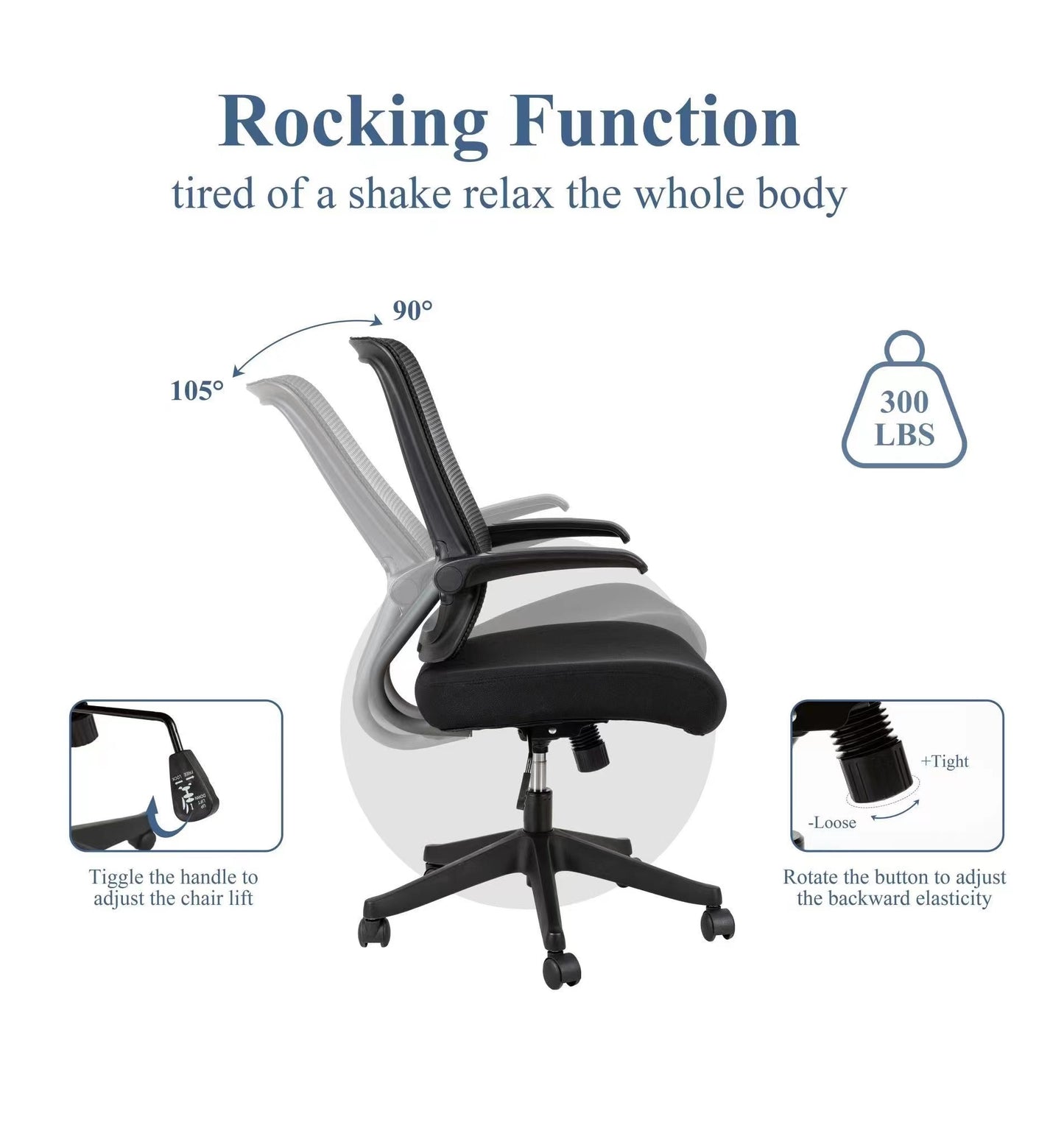 Mid task office chair with flip up arms, tilt angle max to 105 °,300LBS,Black