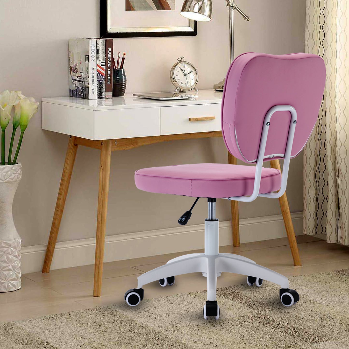 PU Makeup Office Desk Chair Bling Desk, Armless Vanity Desk Task Chair with Wheels 360°,Bling Desk Nail Desk for Women, Adjustable Height,Purple