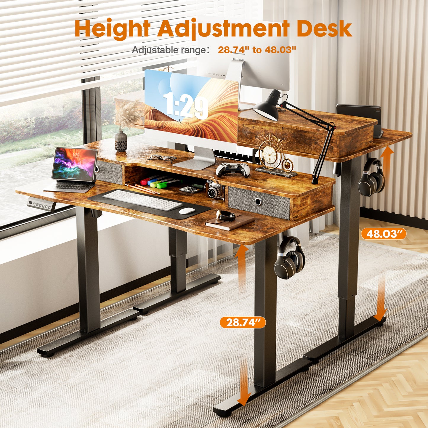 Electric Standing Desk with Height Adjustment, Storage Shelf, and Double Drawer