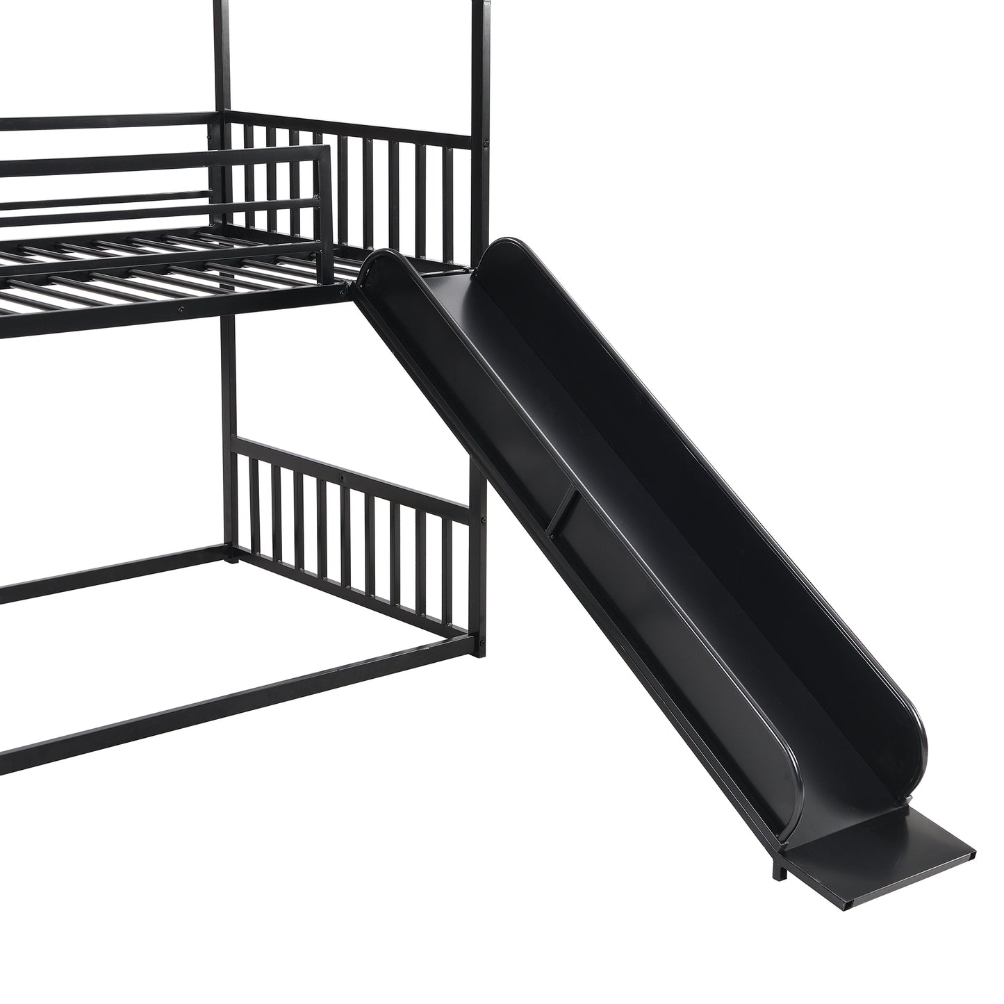 Kids Black Metal Twin Bunk Bed House with Slide and Storage Staircase