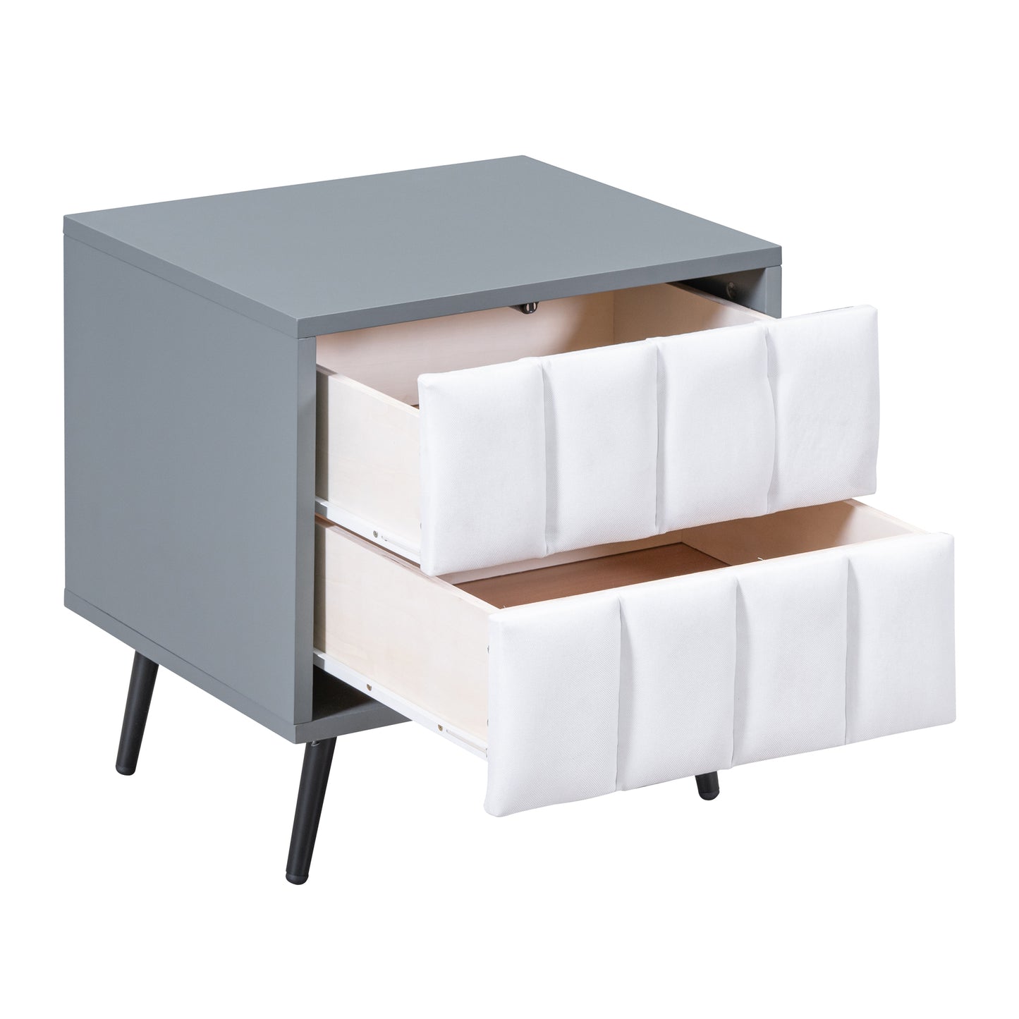 2-Drawer Nightstand for Bedroom, Mordern Wood+Linen Bedside Table with Classic Design,Gray+White