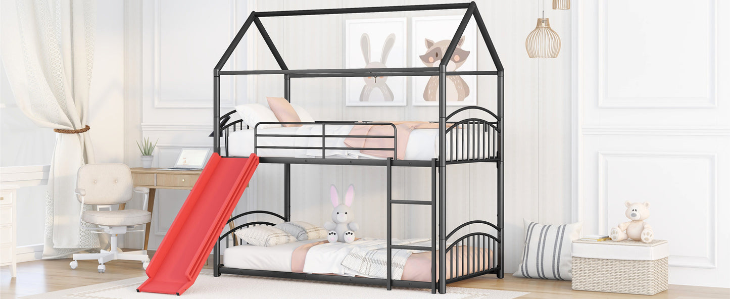 Whimsical Kids Slide Bunk Bed Twin Over Twin Black+Red