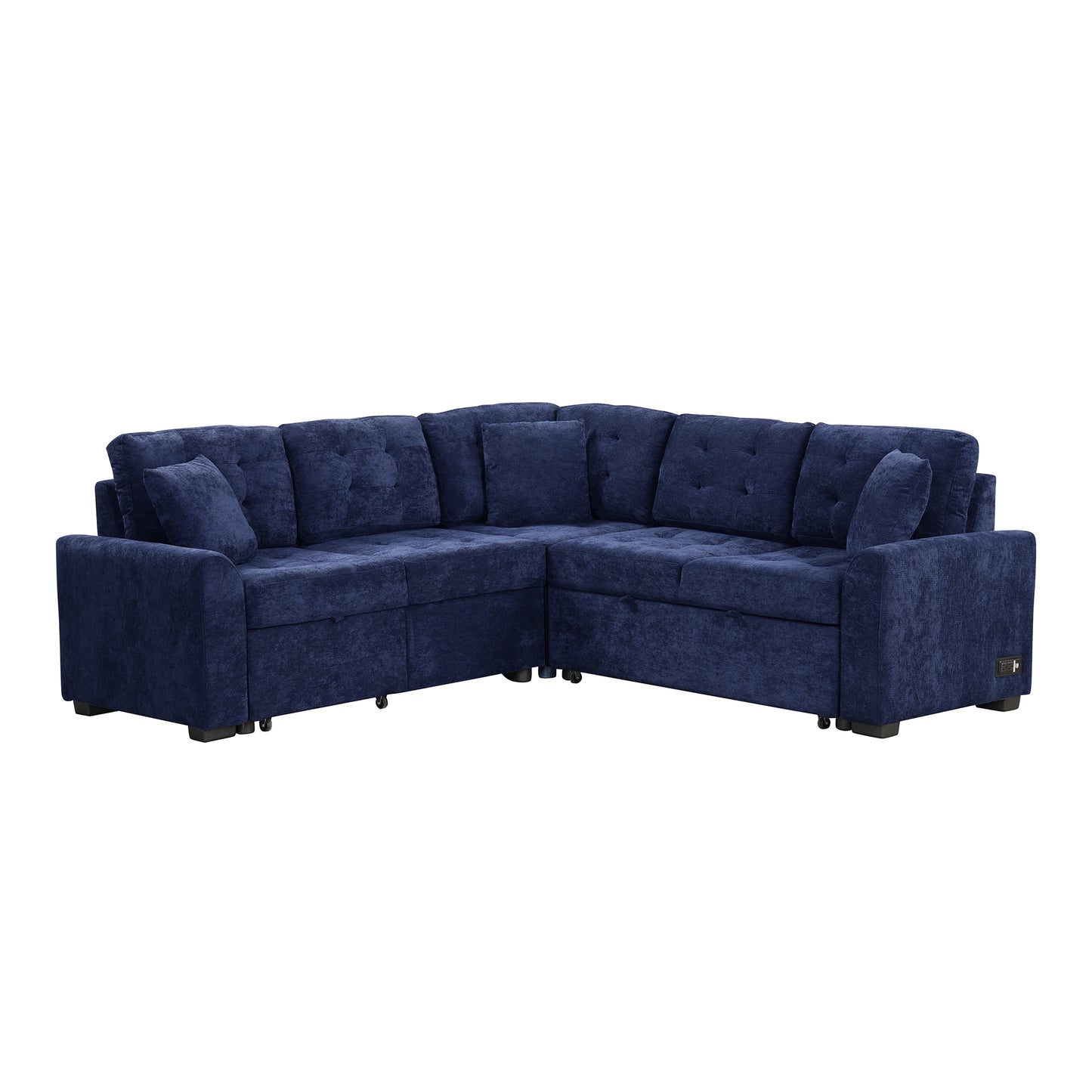 Convertible Navy Blue L-Shape Sleeper Sofa with USB Ports and Power Sockets