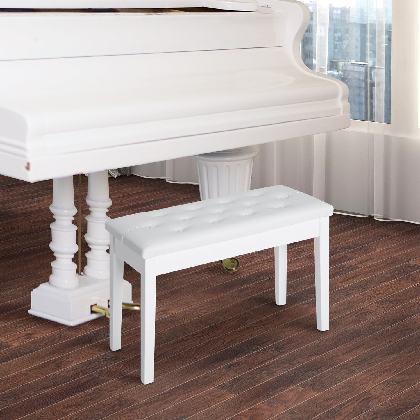 HOMCOM Piano Bench, Duet Piano Chair with Faux Leather Padded Cushion and Wooden Frame, Button Tufted Keyboard Bench, White