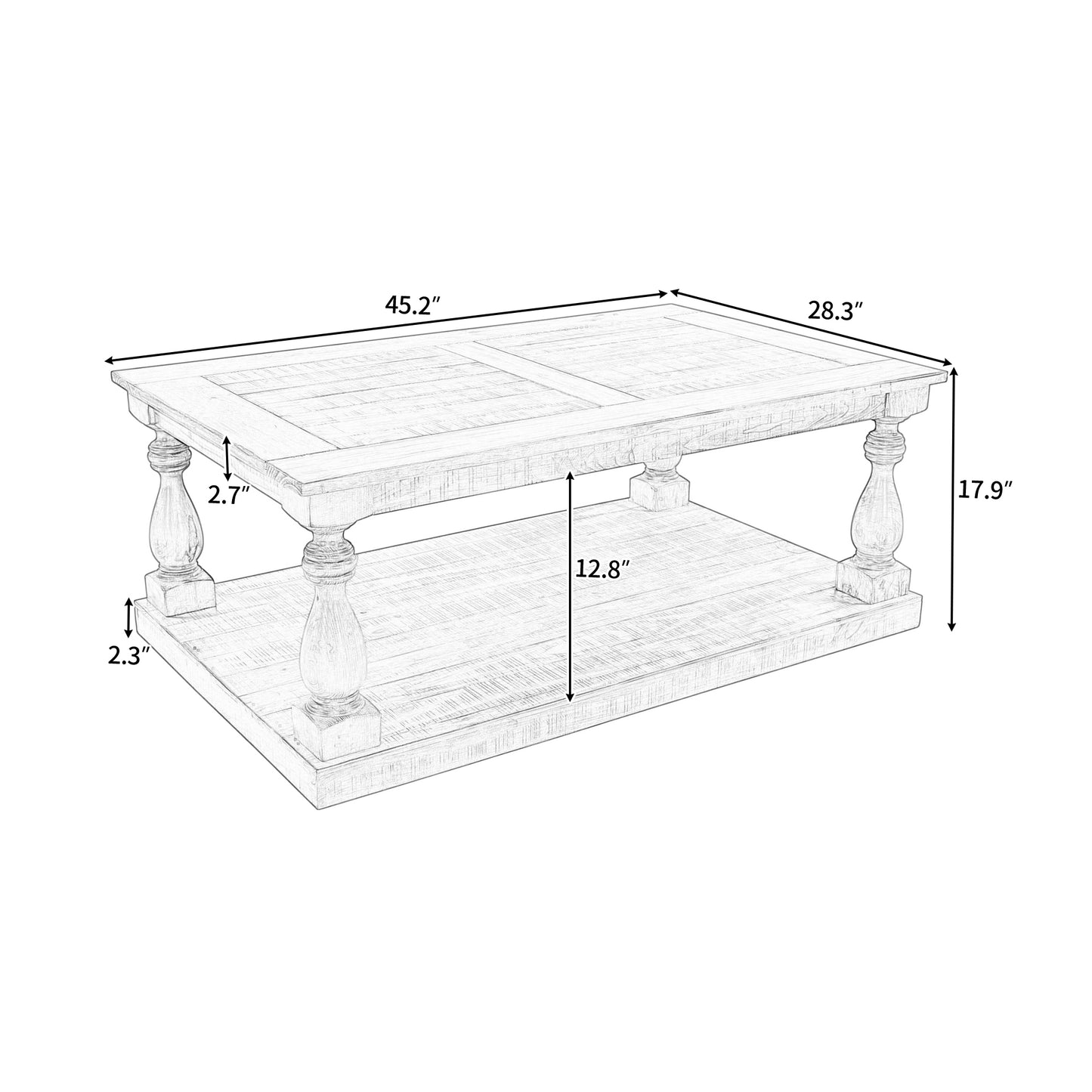 Rustic Pine Wood Coffee Table with Lower Storage Shelf and Carved Pillar Details