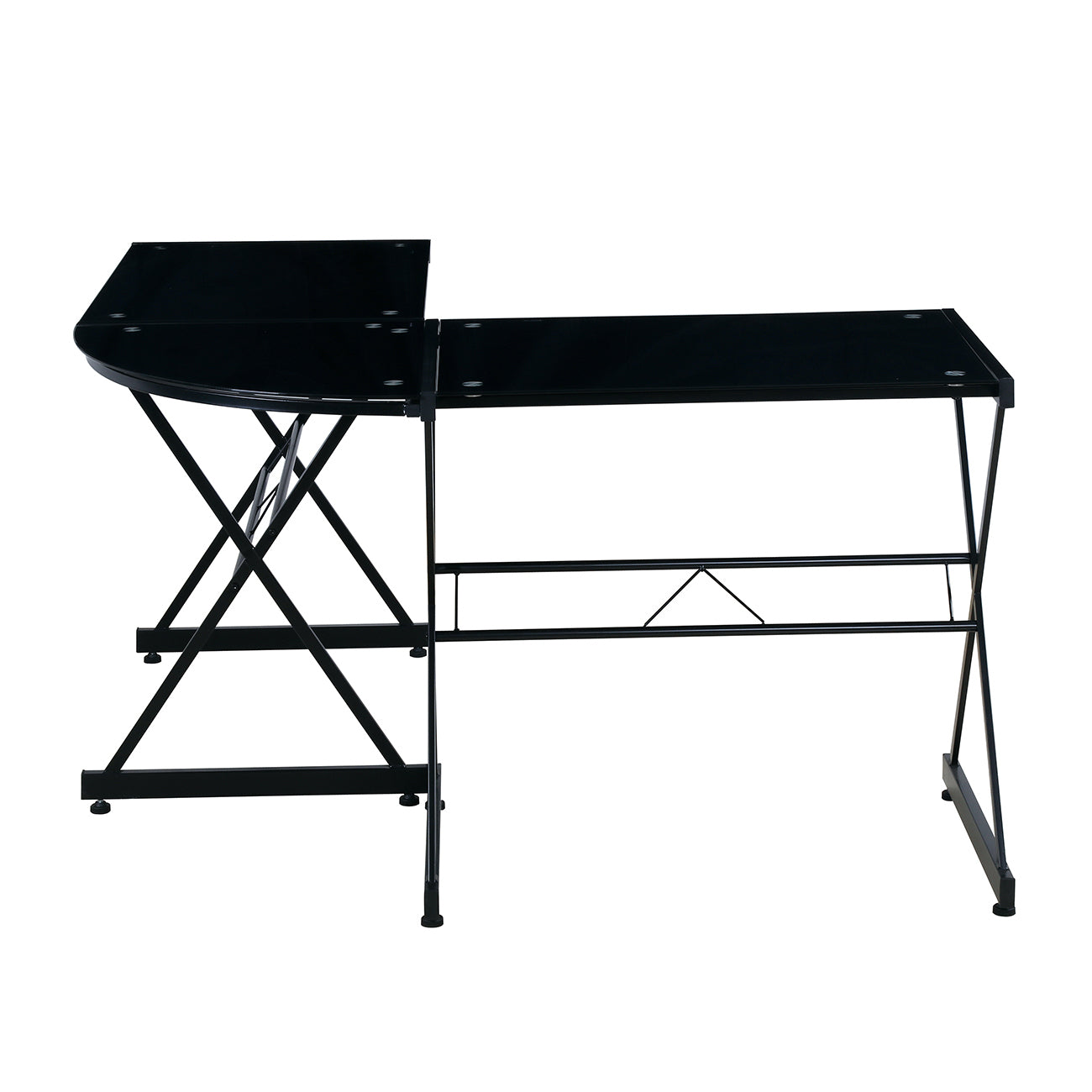 Sleek Black L-Shaped Glass Desk with Cross Frame Design