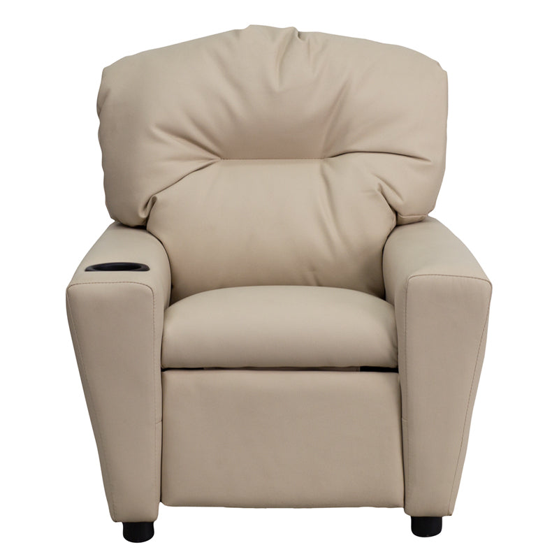 Contemporary Beige Vinyl Kids Recliner with Cup Holder