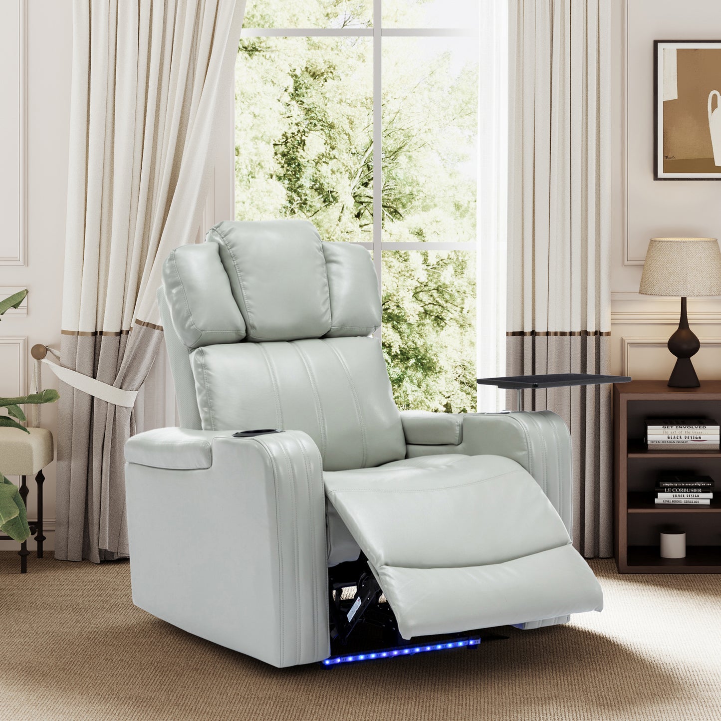 Comfortable Grey PU Leather Power Recliner Chair with Bluetooth Speaker and LED Lights