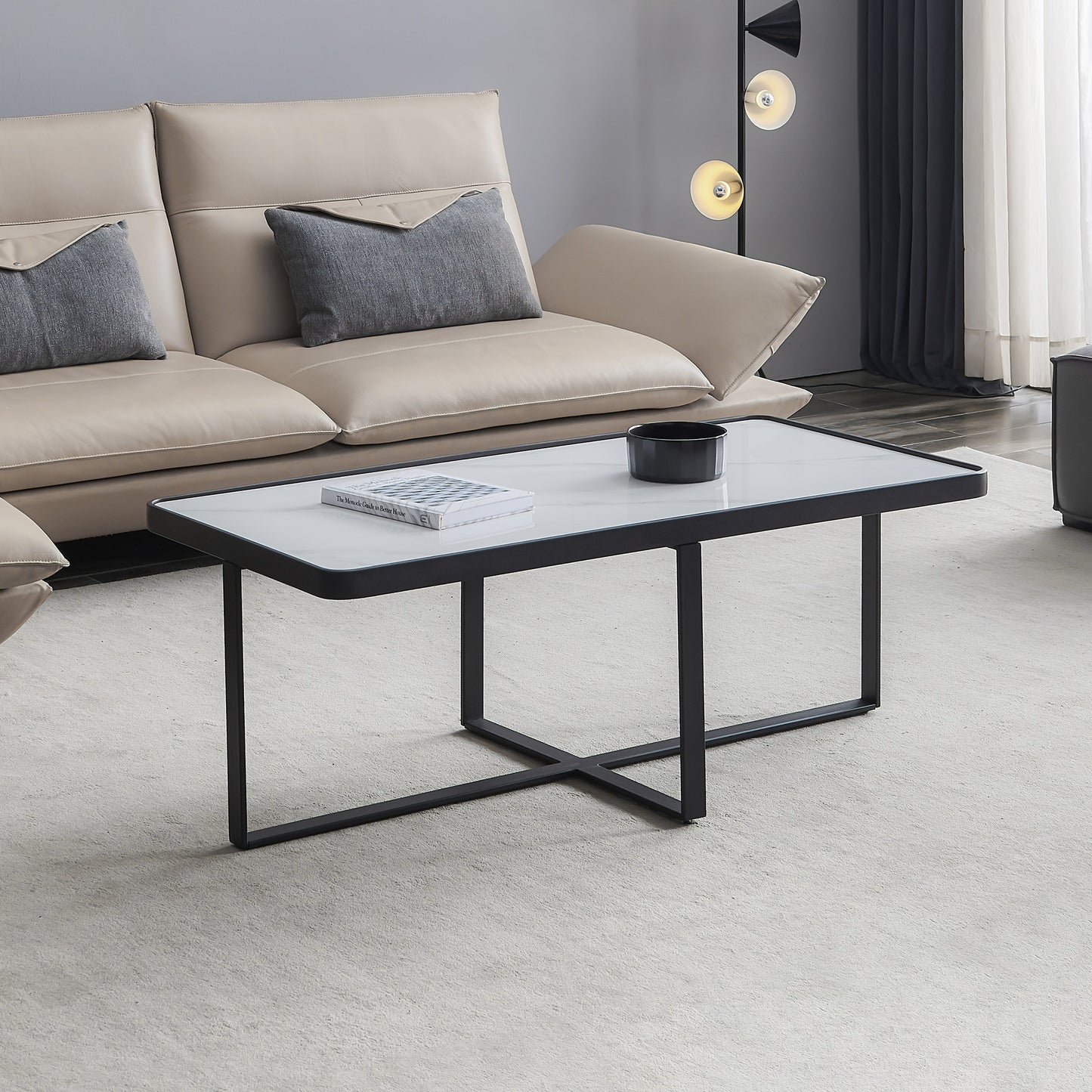 Modern Black Rectangle Coffee Table with Sintered Stone Top and Metal Frame