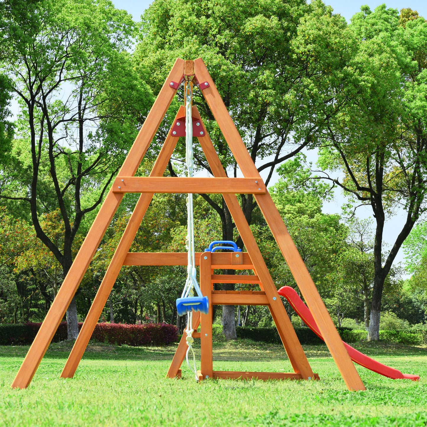 Wooden Outdoor Swing Set with Slide, Climbing Rope Ladder, and Swing for Kids