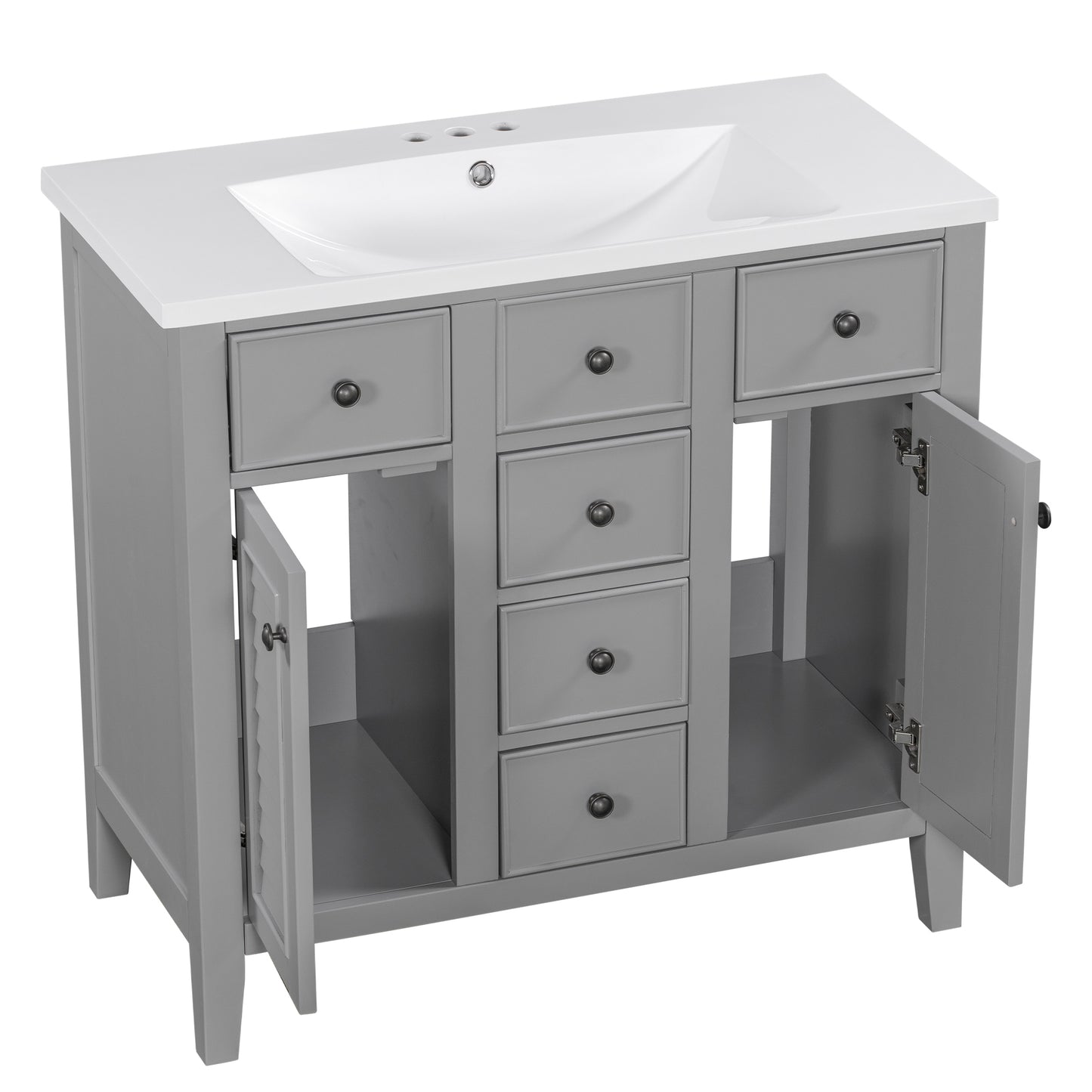 36" Bathroom Vanity with Ceramic Basin, Two Cabinets and Five Drawers, Solid Wood Frame, Grey