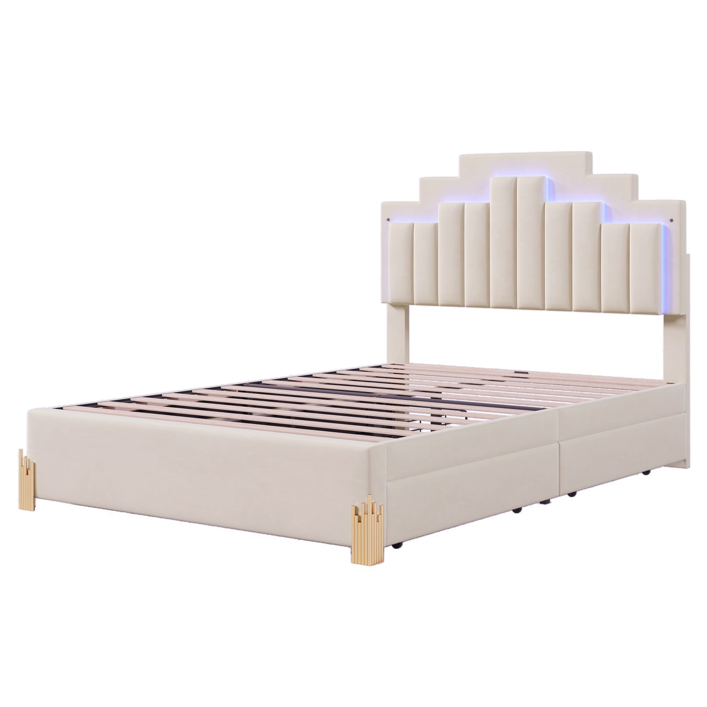 Full Size Upholstered Platform Bed with LED Lights and 4 Drawers, Stylish Irregular Metal Bed Legs Design, Beige