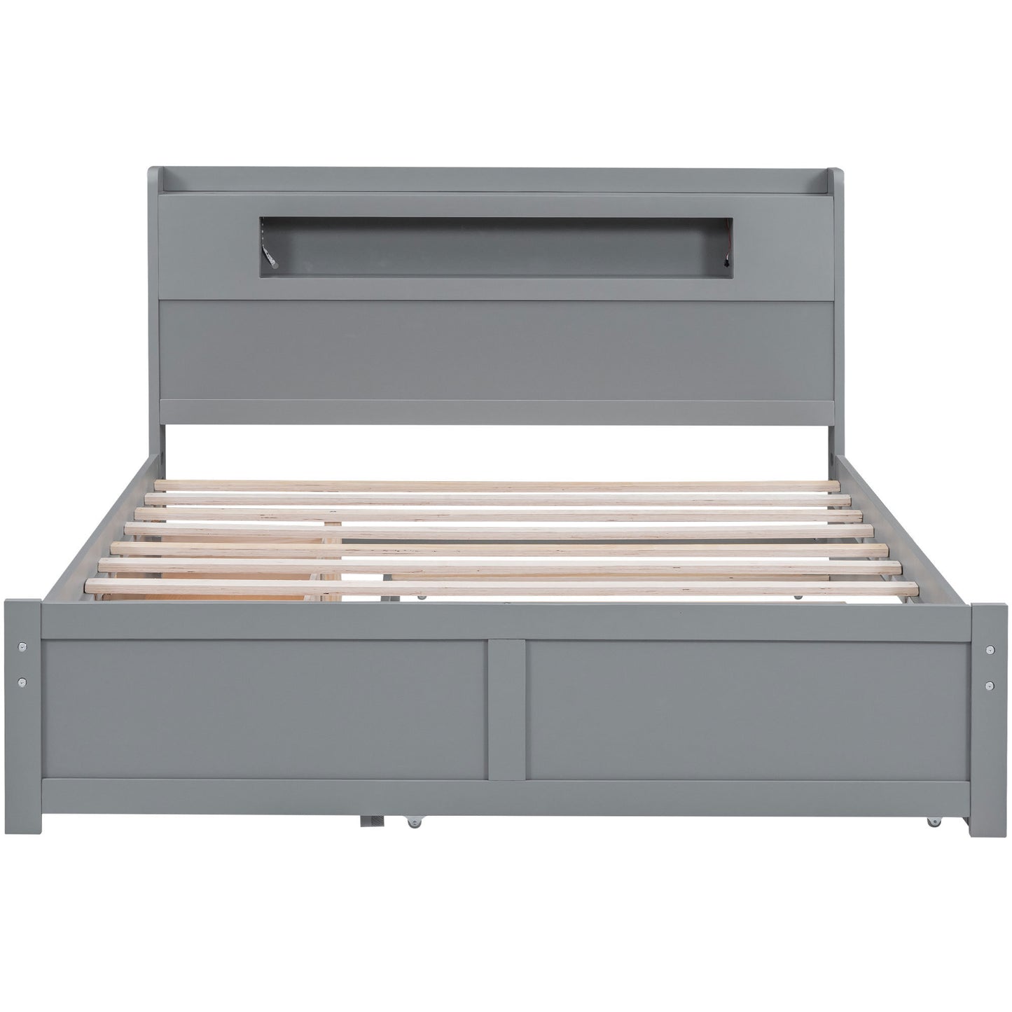 Queen Size Wood Storage Platform Bed with LED, 2 Drawers and 1 Twin Size Trundle, Gray