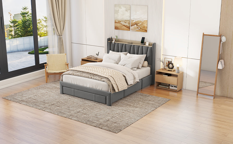 Queen Size Bed Frame with Storage Headboard and Charging Station, Upholstered Platform Bed with 3 Drawers, No Box Spring Needed, Dark Gray