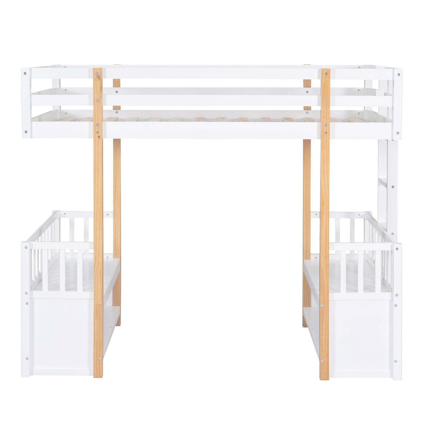 Wood Twin Size Loft Bed with 2 Seats and a Ladder, White