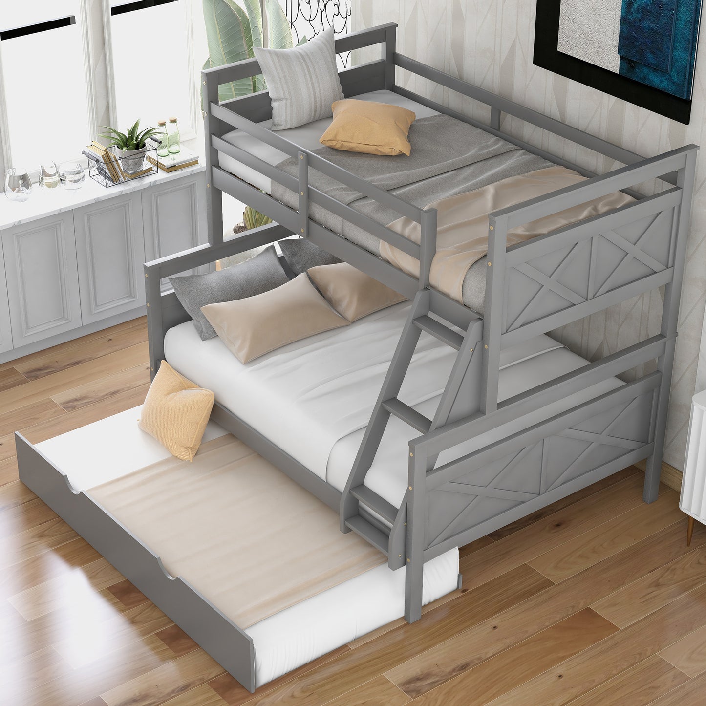 Triple Sleeper Bunk Bed with Trundle, Guardrail, Ladder, and Gray Finish