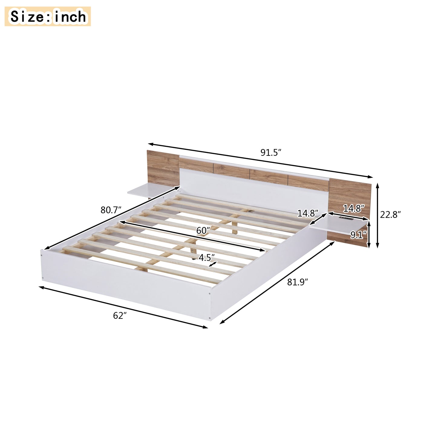 Queen Size Platform Bed with Headboard, Shelves, USB Ports and Sockets, White