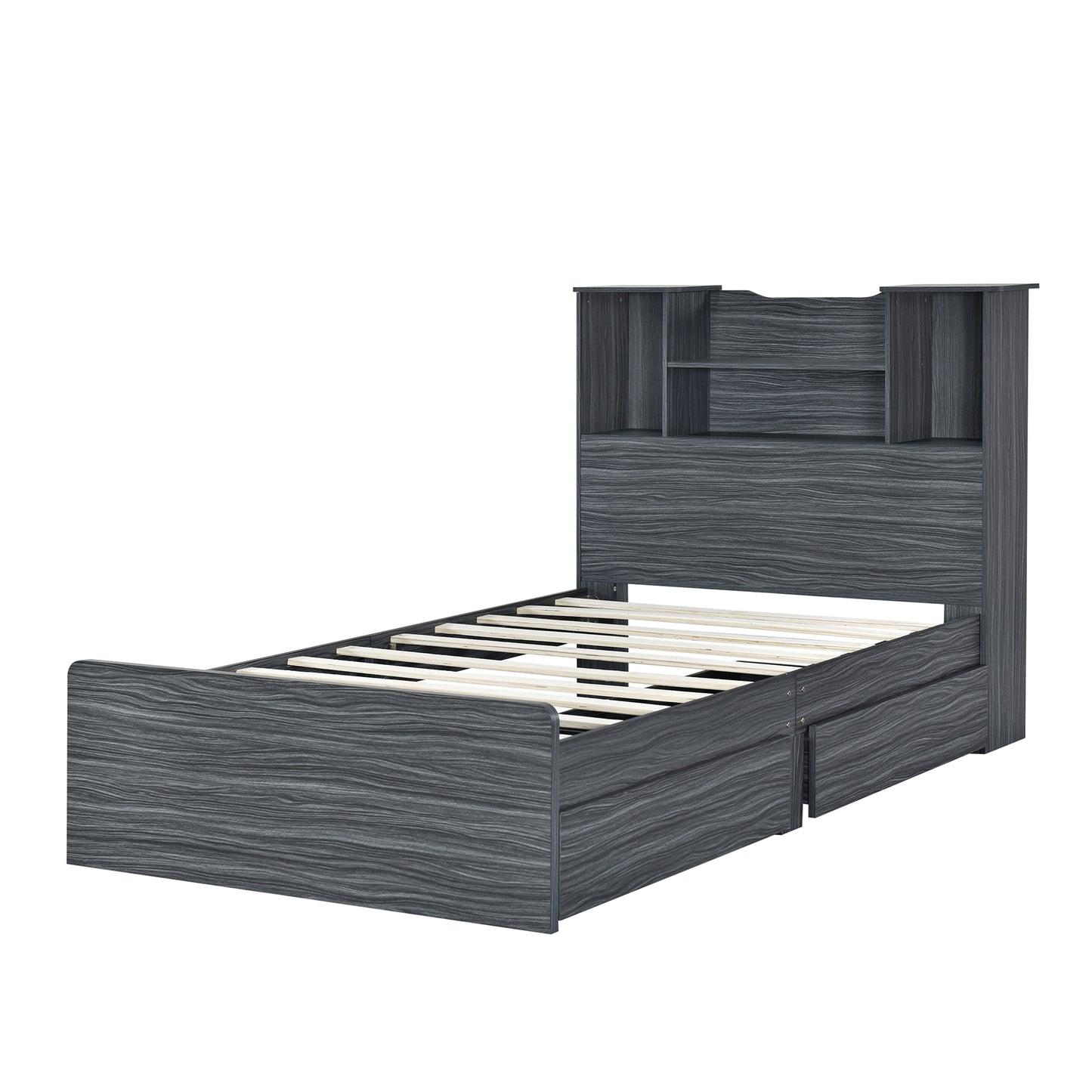 Twin Size Storage Platform Bed Frame with 4 Open Storage Shelves and 2 Storage Drawers,LED Light,Gray