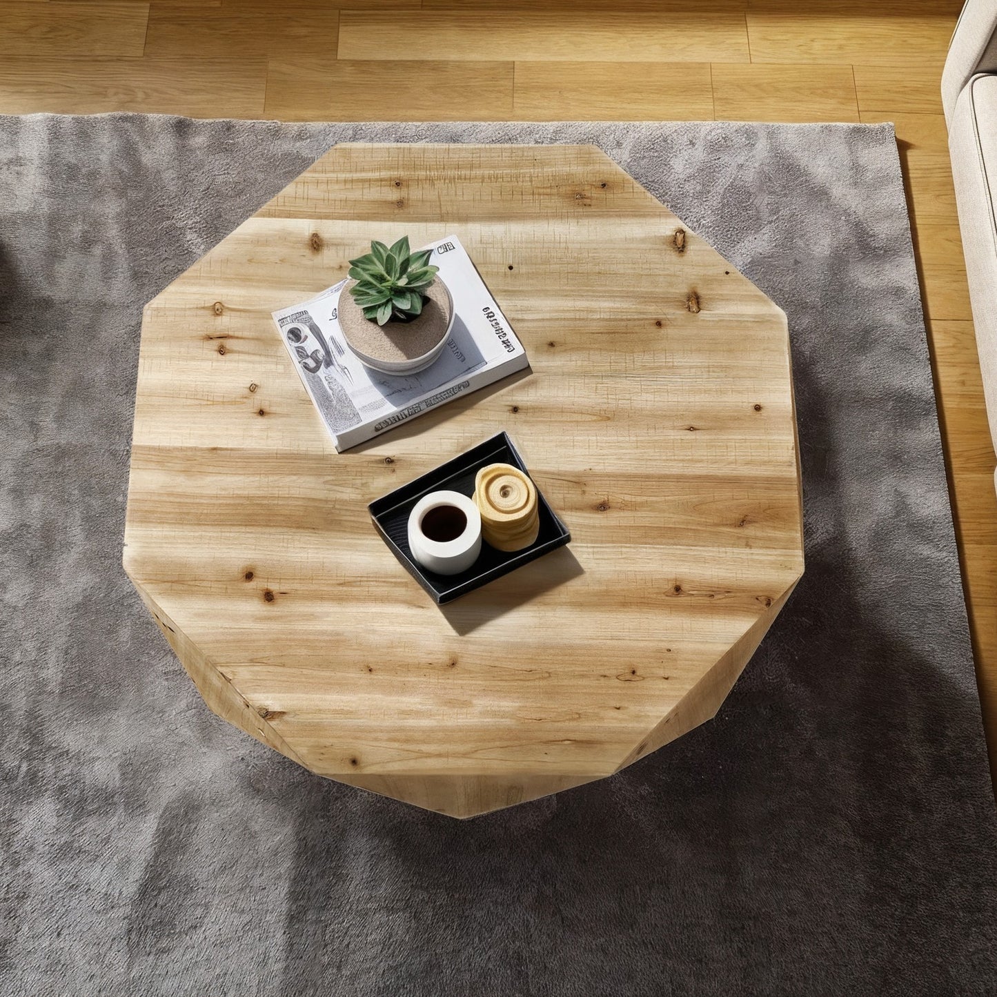 Vintage American Style Coffee Table with Three-dimensional Embossed Pattern in Natural Wood