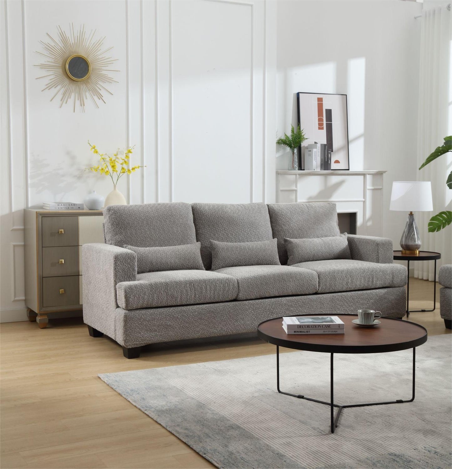 Modern 3-Seater White and Gray Fabric Sofa with Square Armrest and Waist Pillows