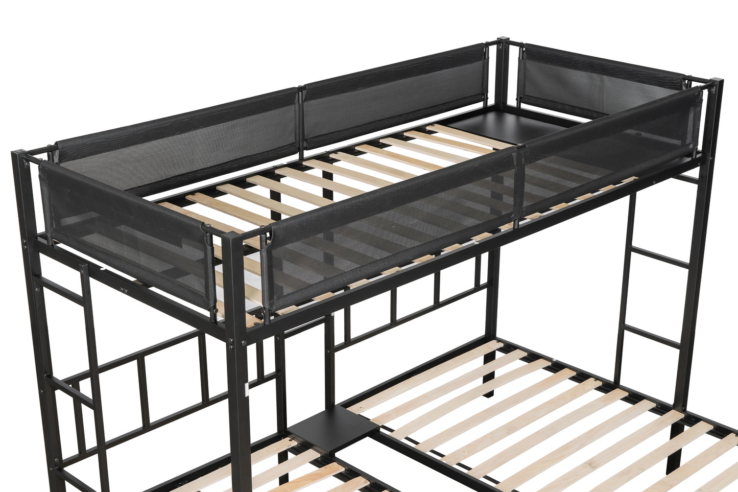 Metal Triple Twin Bunk Bed with Silent Wood Slats and Textilene Guardrails