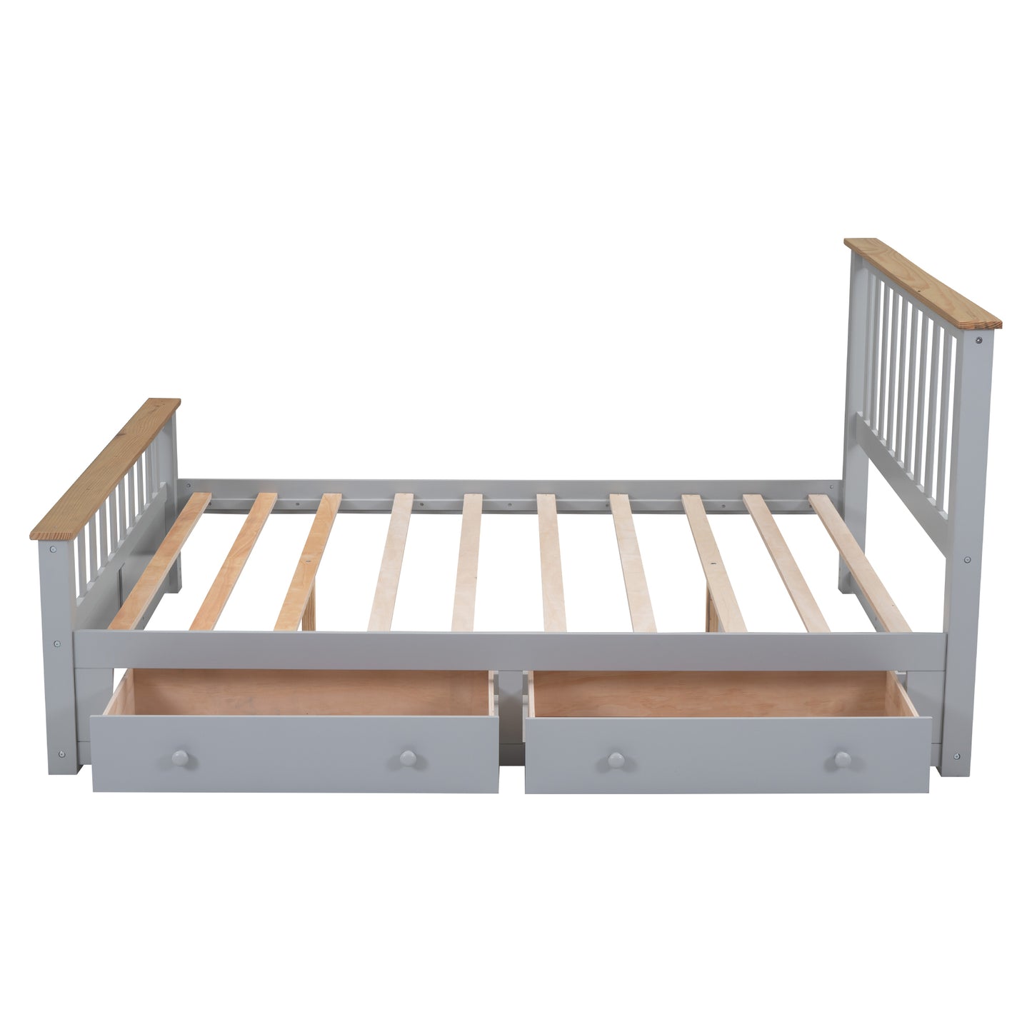 Queen Size Wood Platform Bed with Two Drawers and Wooden Slat Support,Gray+Natrual