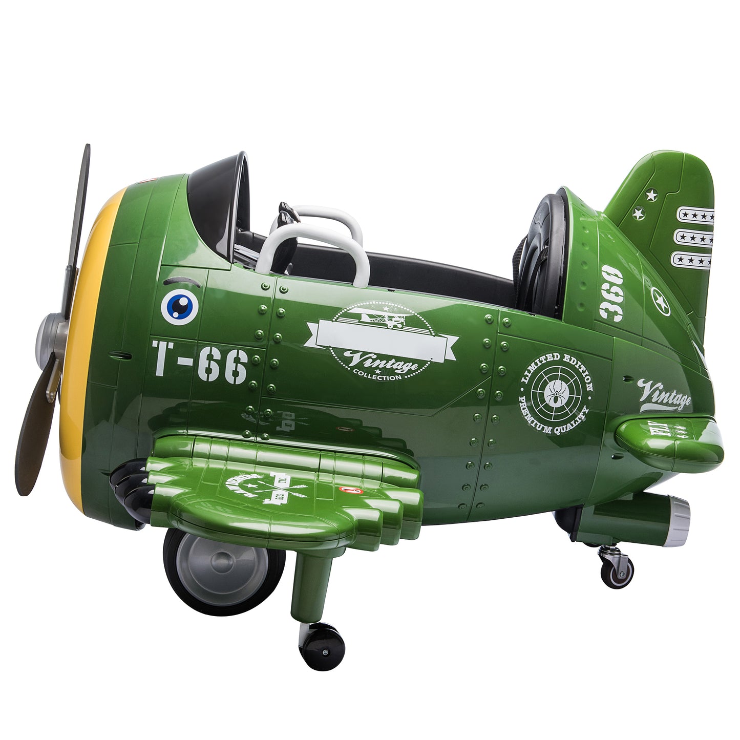 12V Electric Ride-On Toy Plane with 360-Degree Rotating Feature, USB, FM, and Remote Control for Kids 3 to 6, Army Green