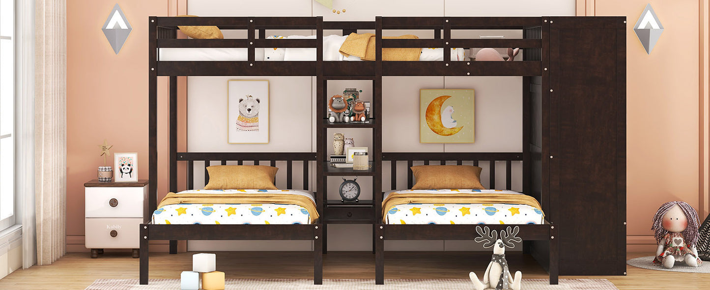 Efficient Espresso Bunk Bed with Twin Over Full, Wardrobe, Mirror, and Shelves