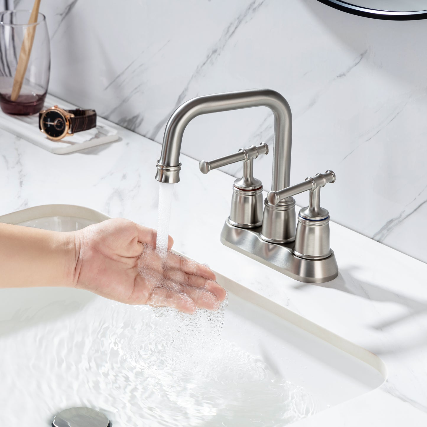 Elegant Brushed Nickel Bathroom Faucet with Dual Handles and Lift Rod Drain - Ideal for Lavatory Sink