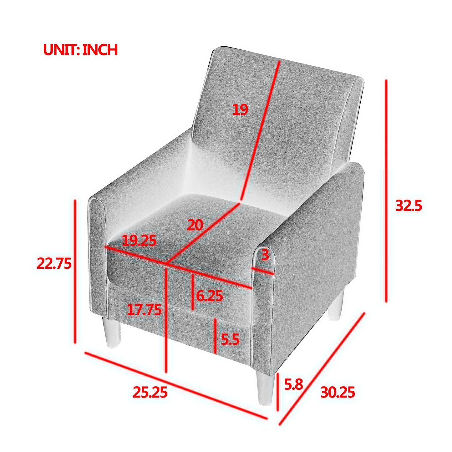 Single sofa chair for bedroom living room with four wooden legs