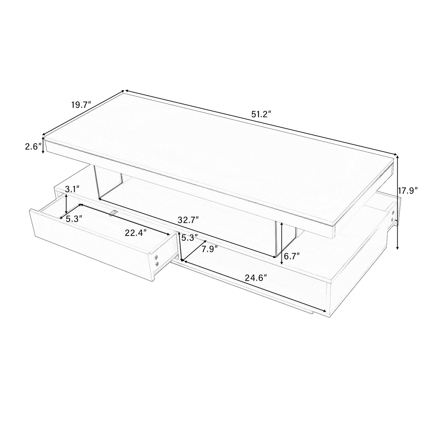 Modern LED Coffee Table with Storage Drawers and Display Shelves, Accent Furniture with Multicolor LED Lights