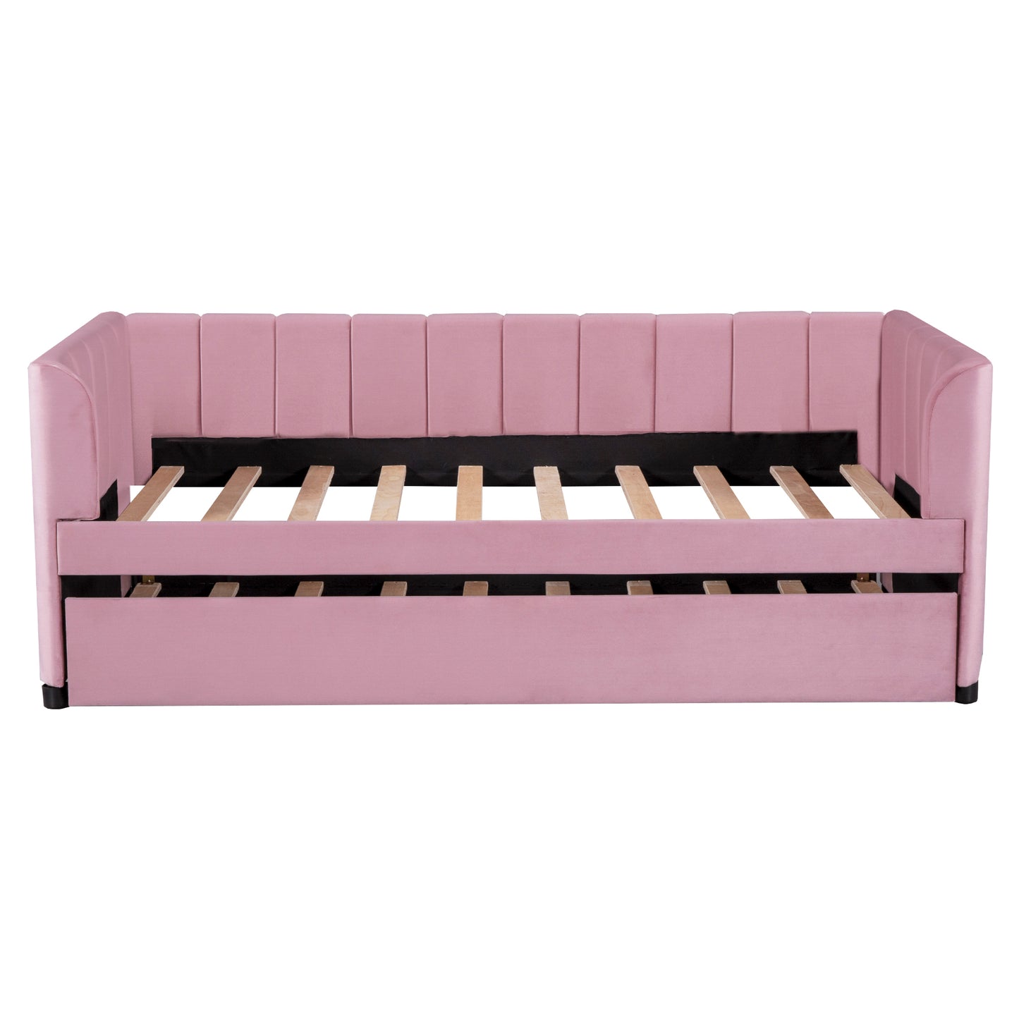 Twin Size Upholstered Daybed with Ergonomic Design Backrest and Trundle, Pink