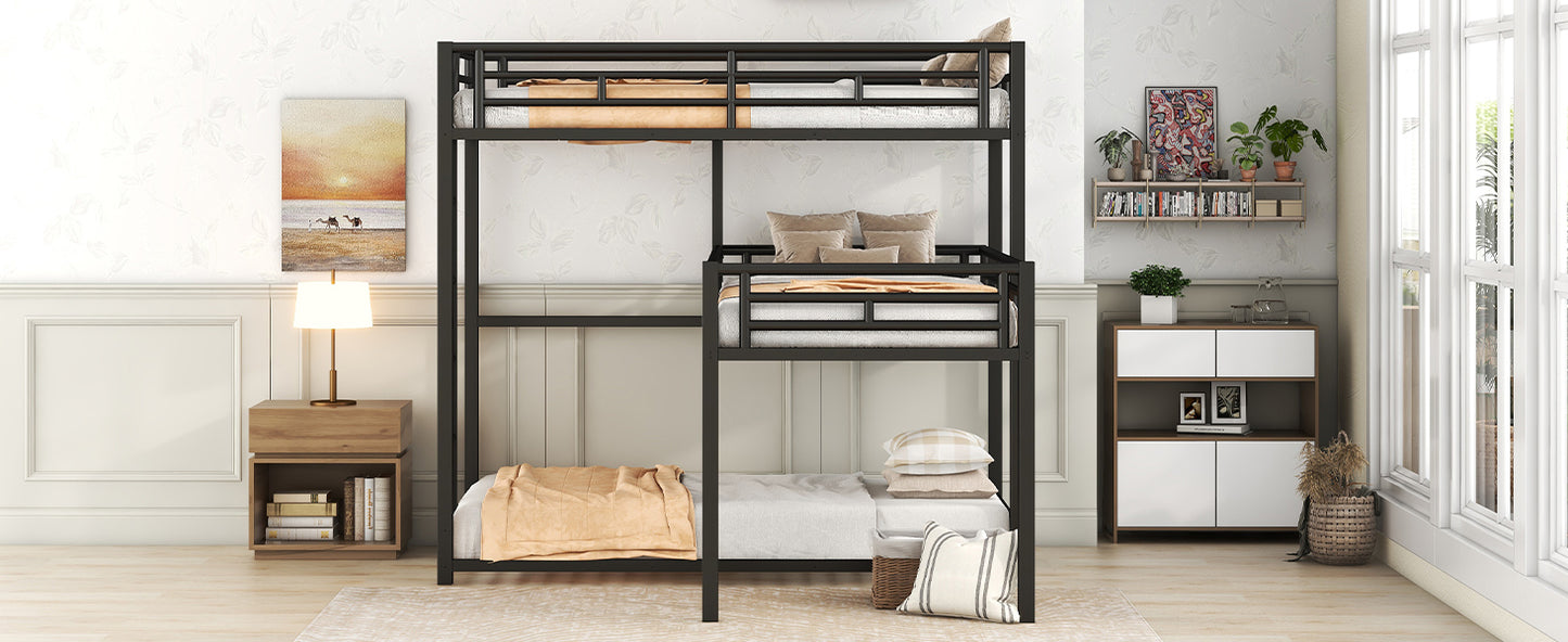 Black Metal Triple Bunk Bed with Desk and L-shaped Design