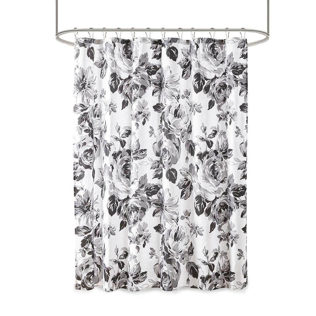 Elegant Black and White Floral Microfiber Shower Curtain